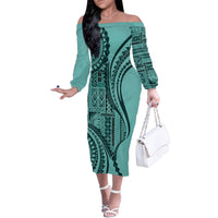 Samoa Siapo Arty Family Matching Off Shoulder Long Sleeve Dress and Hawaiian Shirt Turquoise Style LT9 Mom's Dress Turquoise - Polynesian Pride