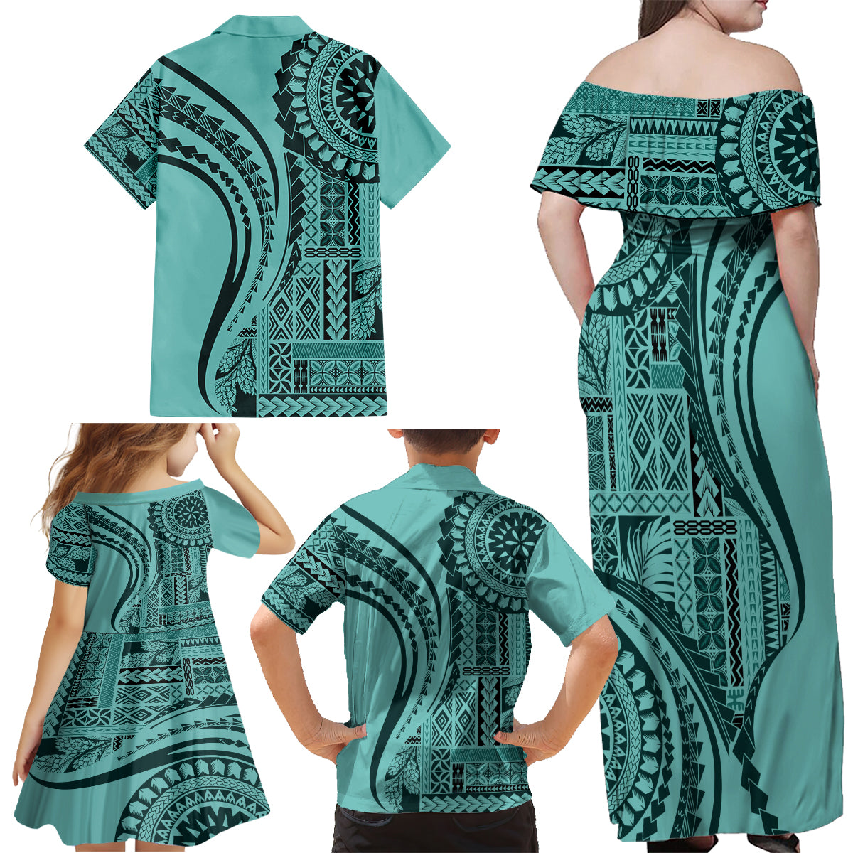 Samoa Siapo Arty Family Matching Off Shoulder Maxi Dress and Hawaiian Shirt Turquoise Style LT9 - Polynesian Pride