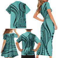 Samoa Siapo Arty Family Matching Short Sleeve Bodycon Dress and Hawaiian Shirt Turquoise Style LT9 - Polynesian Pride