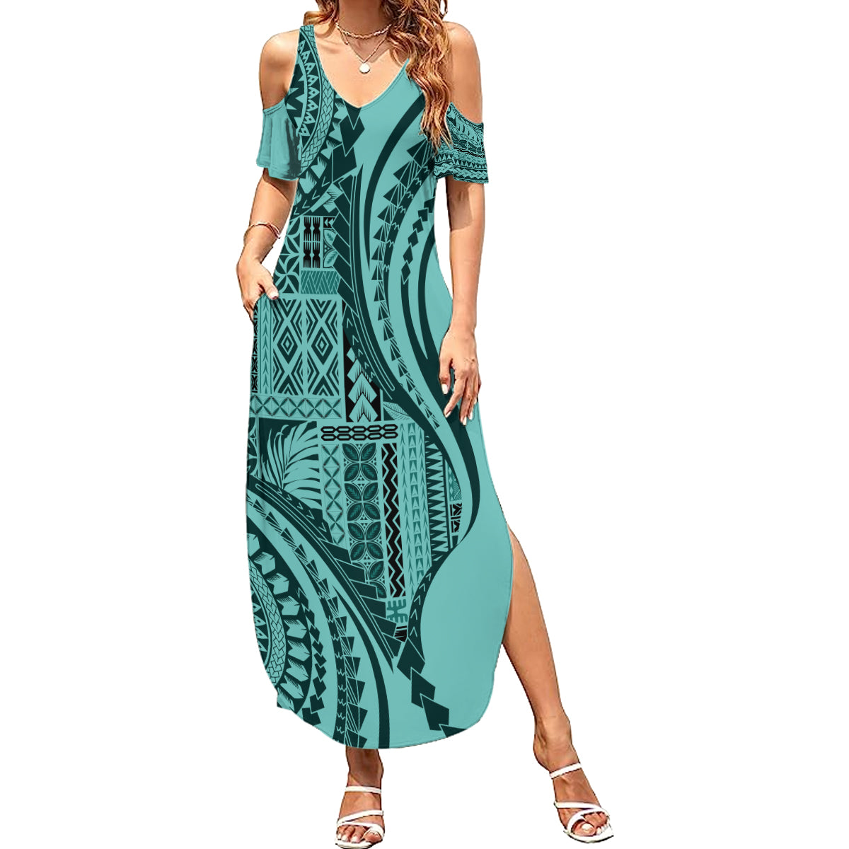Samoa Siapo Arty Family Matching Summer Maxi Dress and Hawaiian Shirt Turquoise Style LT9 Mom's Dress Turquoise - Polynesian Pride