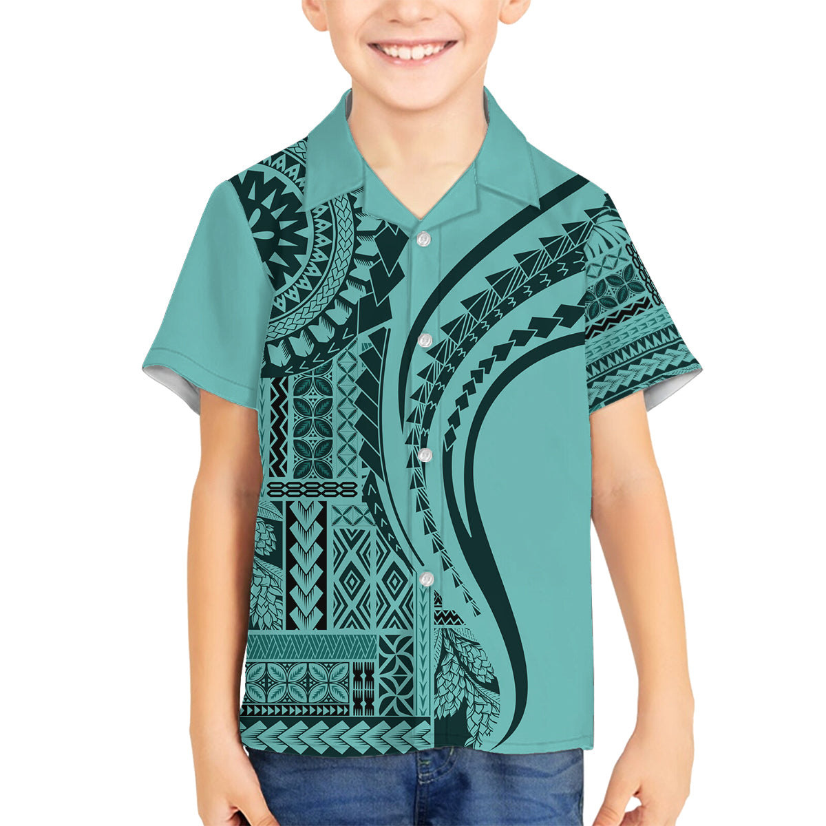 Samoa Siapo Arty Family Matching Summer Maxi Dress and Hawaiian Shirt Turquoise Style LT9 Son's Shirt Turquoise - Polynesian Pride