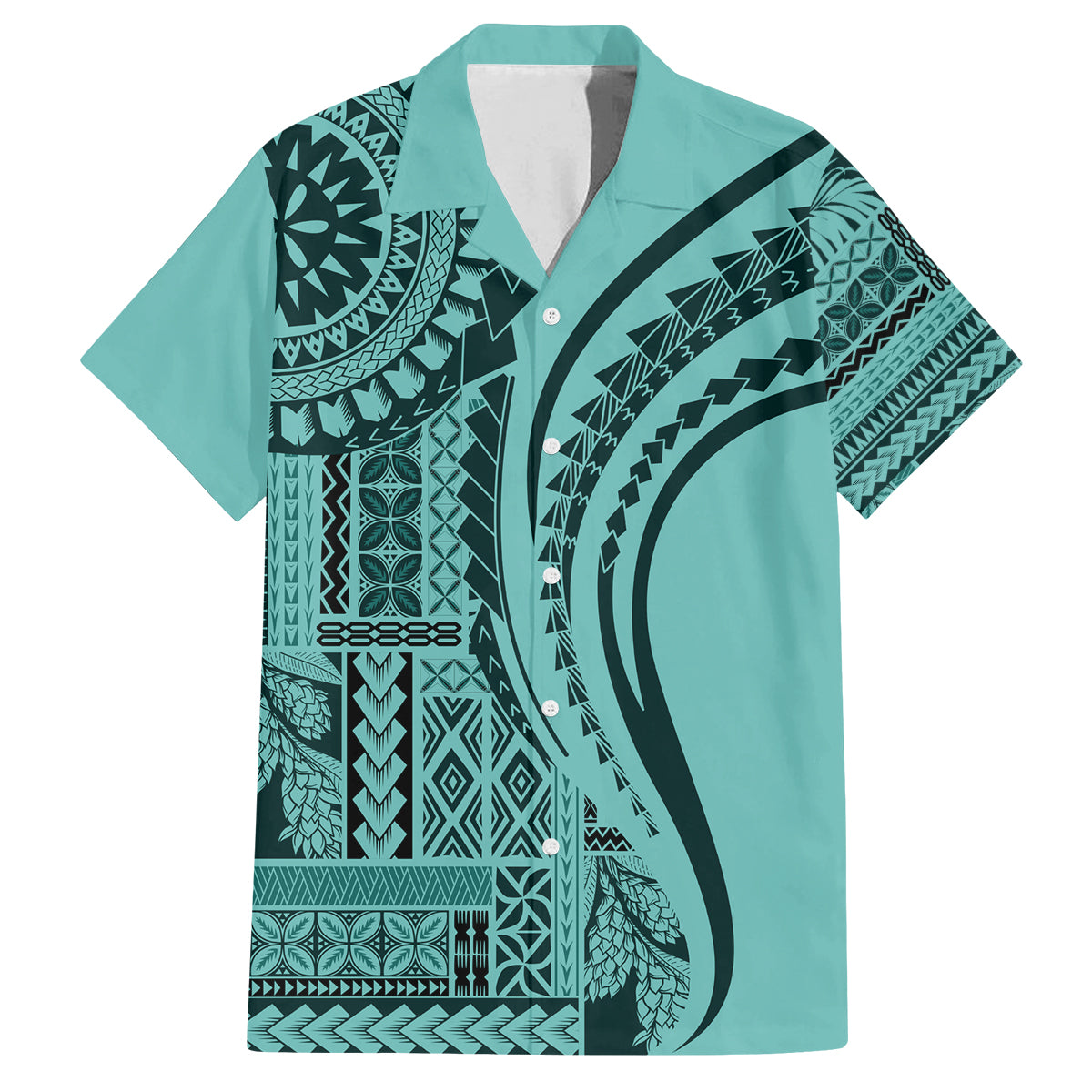 Samoa Siapo Arty Family Matching Tank Maxi Dress and Hawaiian Shirt Turquoise Style LT9 Dad's Shirt - Short Sleeve Turquoise - Polynesian Pride