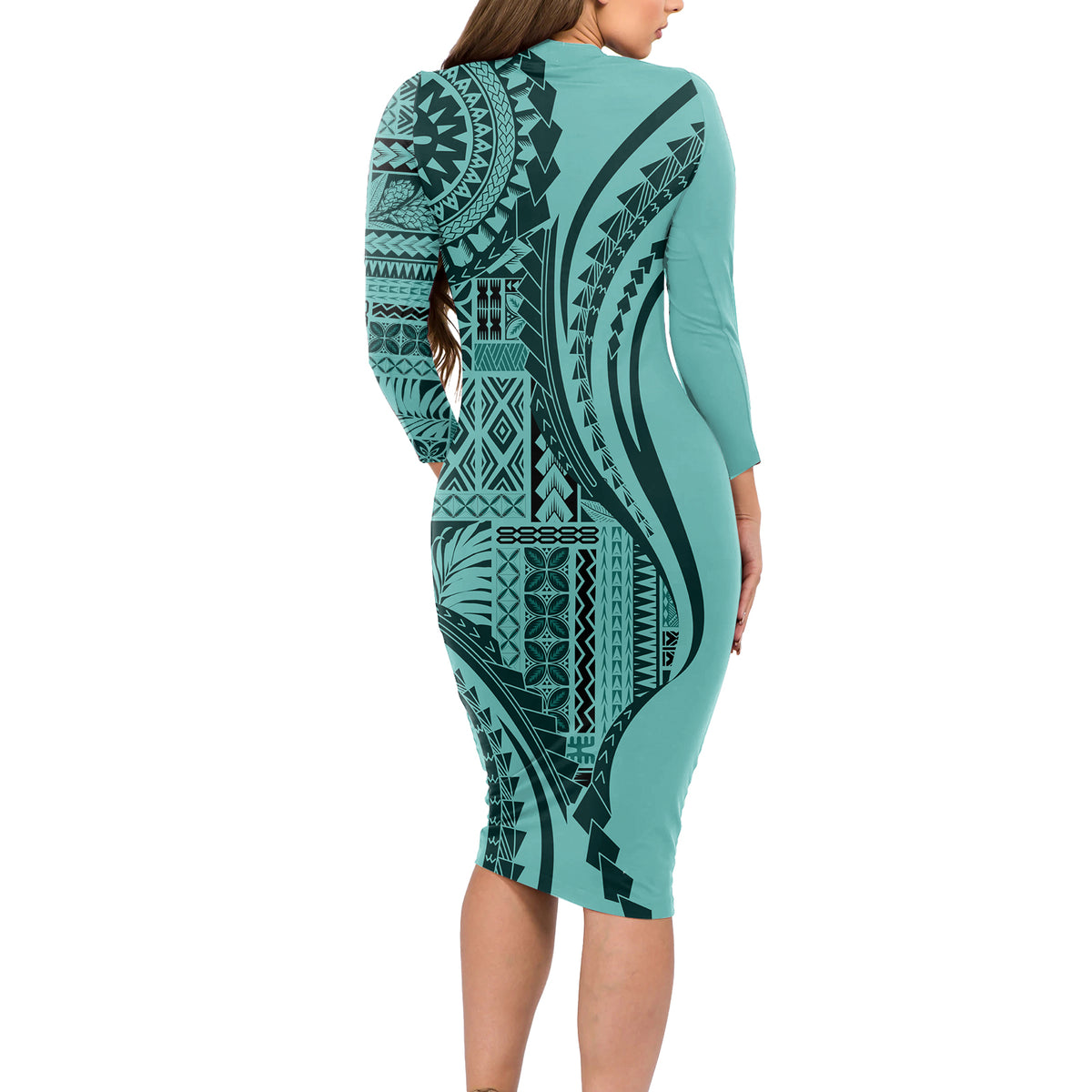 Samoa Siapo Arty Long Sleeve Bodycon Dress Turquoise Style LT9 - Polynesian Pride