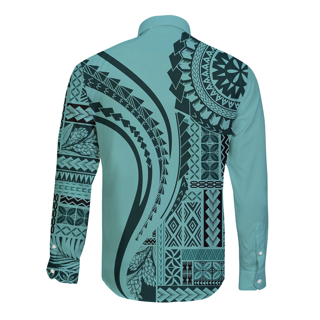 Samoa Siapo Arty Long Sleeve Button Shirt Turquoise Style LT9 - Polynesian Pride