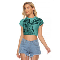 Samoa Siapo Arty Raglan Cropped T Shirt Turquoise Style LT9 Female Turquoise - Polynesian Pride