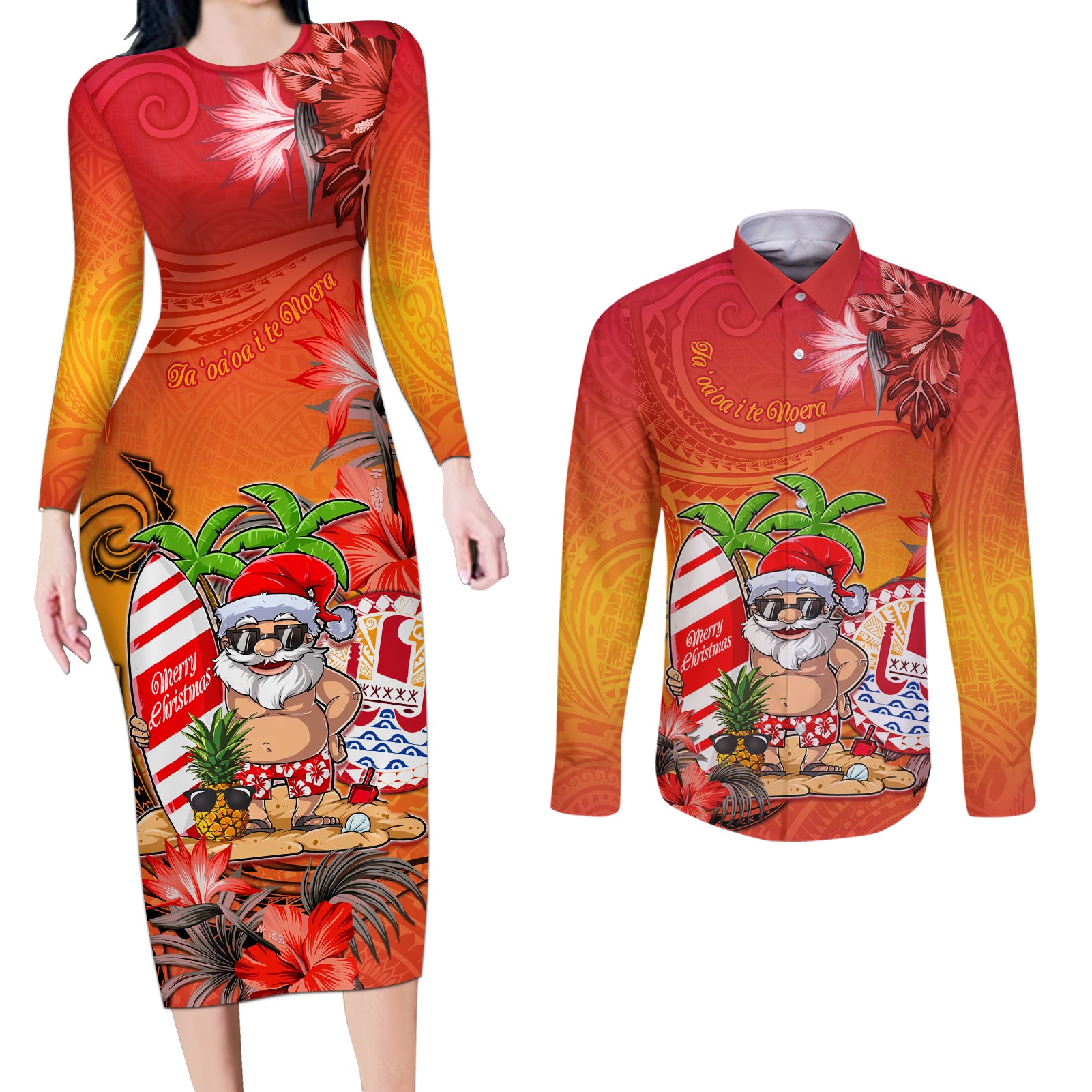 Personalised Wishes in Tahitian Christmas Couples Matching Long Sleeve Bodycon Dress and Long Sleeve Button Shirt French Polynesia Santa Beach LT9 Red - Polynesian Pride