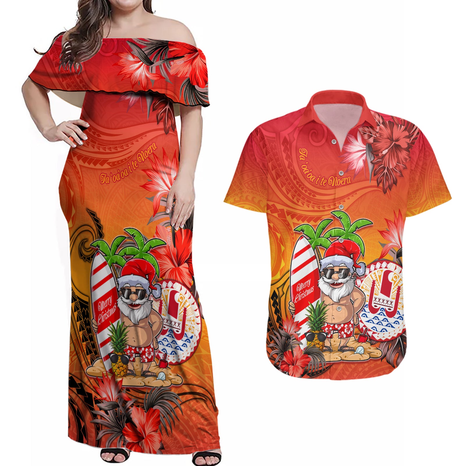 Personalised Wishes in Tahitian Christmas Couples Matching Off Shoulder Maxi Dress and Hawaiian Shirt French Polynesia Santa Beach LT9 Red - Polynesian Pride