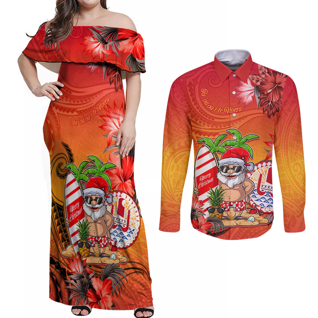 Personalised Wishes in Tahitian Christmas Couples Matching Off Shoulder Maxi Dress and Long Sleeve Button Shirt French Polynesia Santa Beach LT9 Red - Polynesian Pride