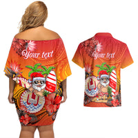 Personalised Wishes in Tahitian Christmas Couples Matching Off Shoulder Short Dress and Hawaiian Shirt French Polynesia Santa Beach LT9 - Polynesian Pride