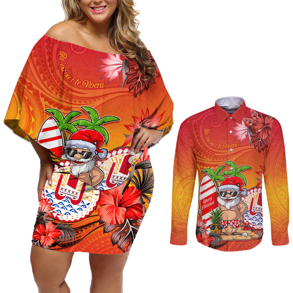 Personalised Wishes in Tahitian Christmas Couples Matching Off Shoulder Short Dress and Long Sleeve Button Shirt French Polynesia Santa Beach LT9 Red - Polynesian Pride