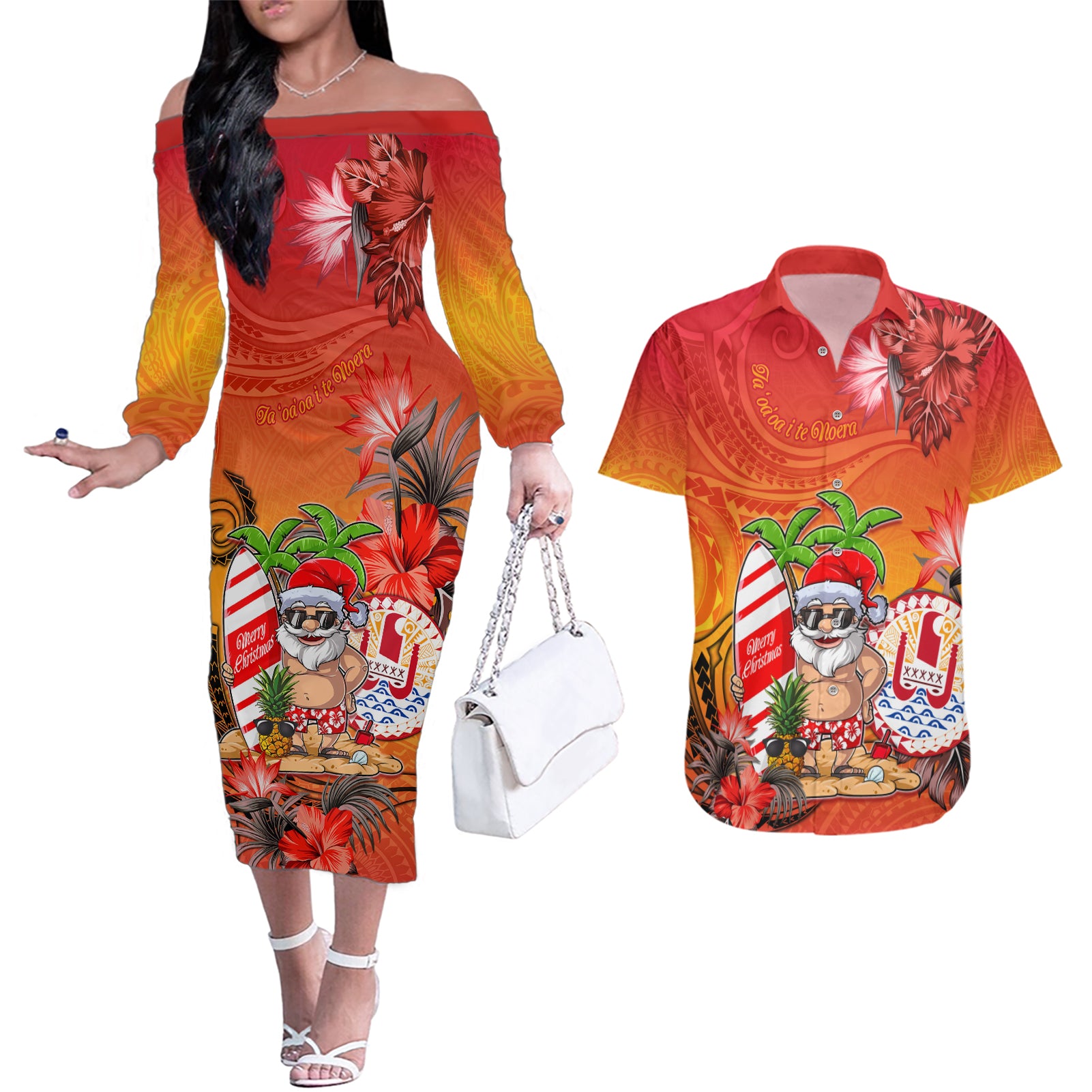 Personalised Wishes in Tahitian Christmas Couples Matching Off The Shoulder Long Sleeve Dress and Hawaiian Shirt French Polynesia Santa Beach LT9 Red - Polynesian Pride