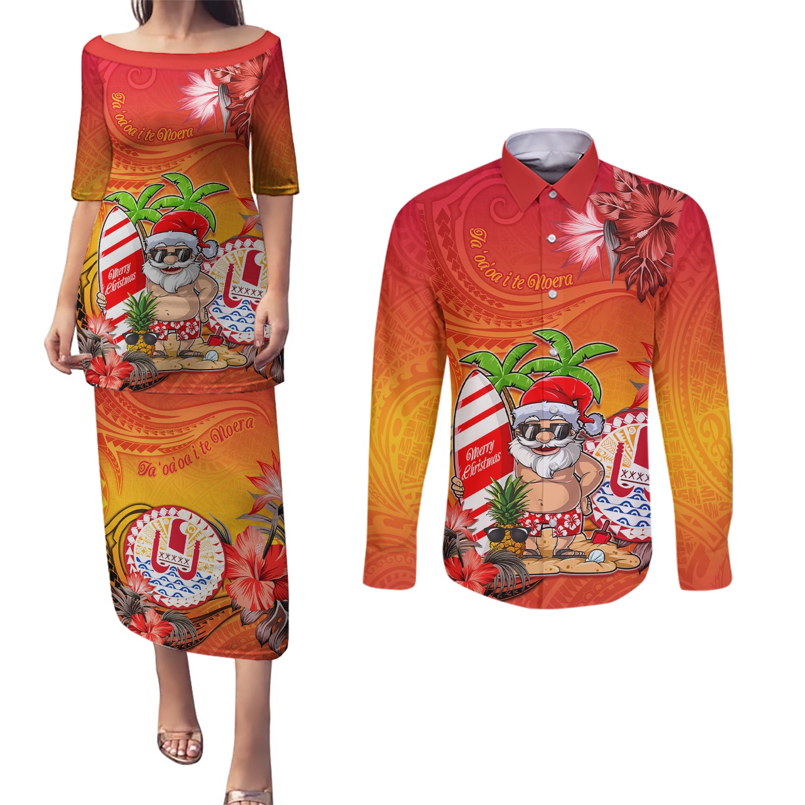 Personalised Wishes in Tahitian Christmas Couples Matching Puletasi Dress and Long Sleeve Button Shirt French Polynesia Santa Beach LT9 Red - Polynesian Pride