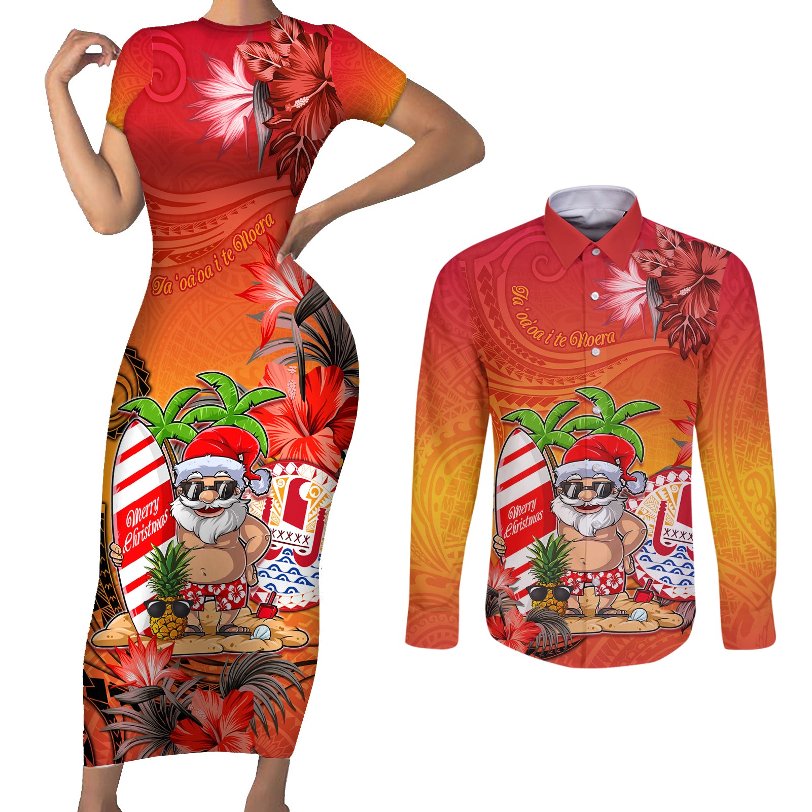 Personalised Wishes in Tahitian Christmas Couples Matching Short Sleeve Bodycon Dress and Long Sleeve Button Shirt French Polynesia Santa Beach LT9 Red - Polynesian Pride