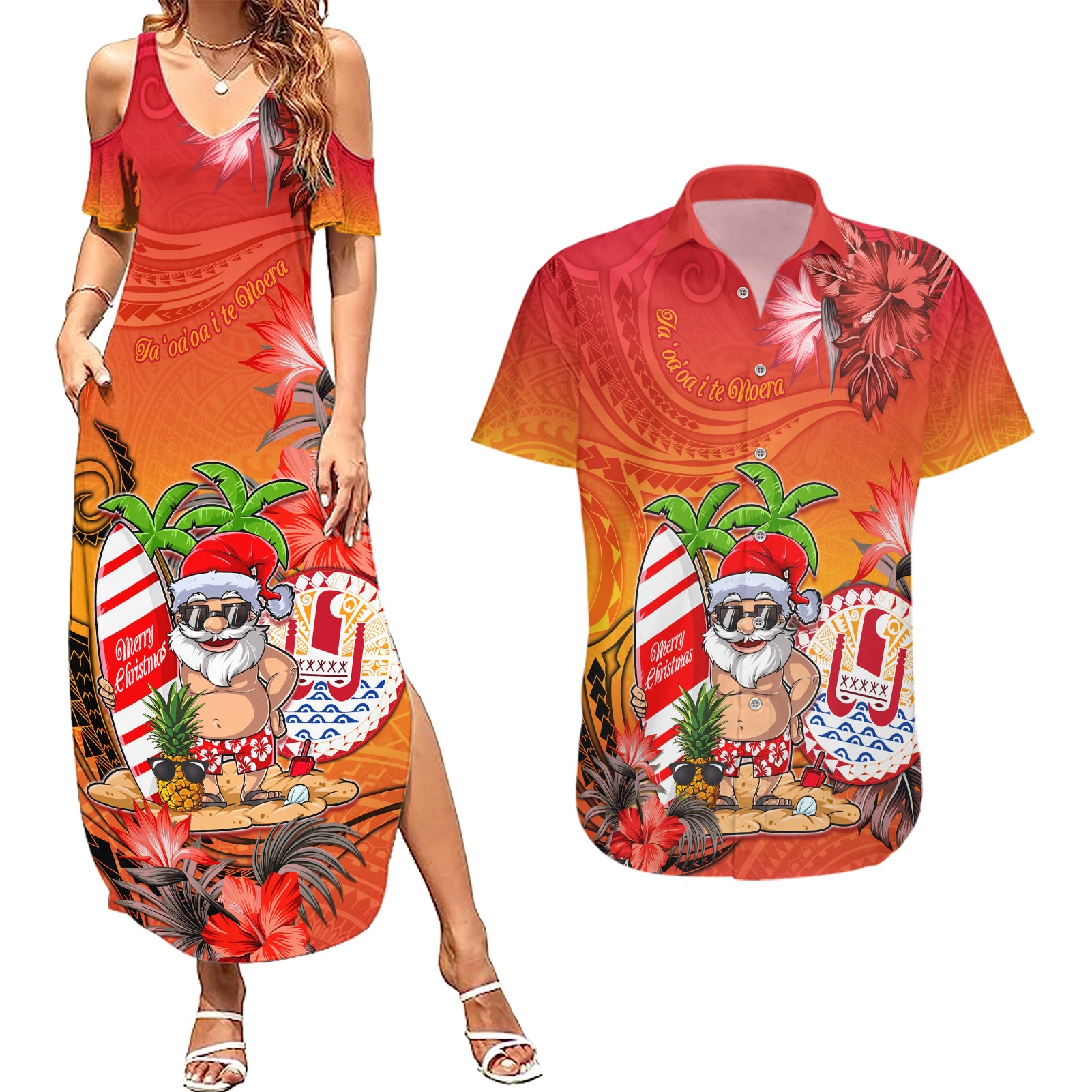 Personalised Wishes in Tahitian Christmas Couples Matching Summer Maxi Dress and Hawaiian Shirt French Polynesia Santa Beach LT9 Red - Polynesian Pride
