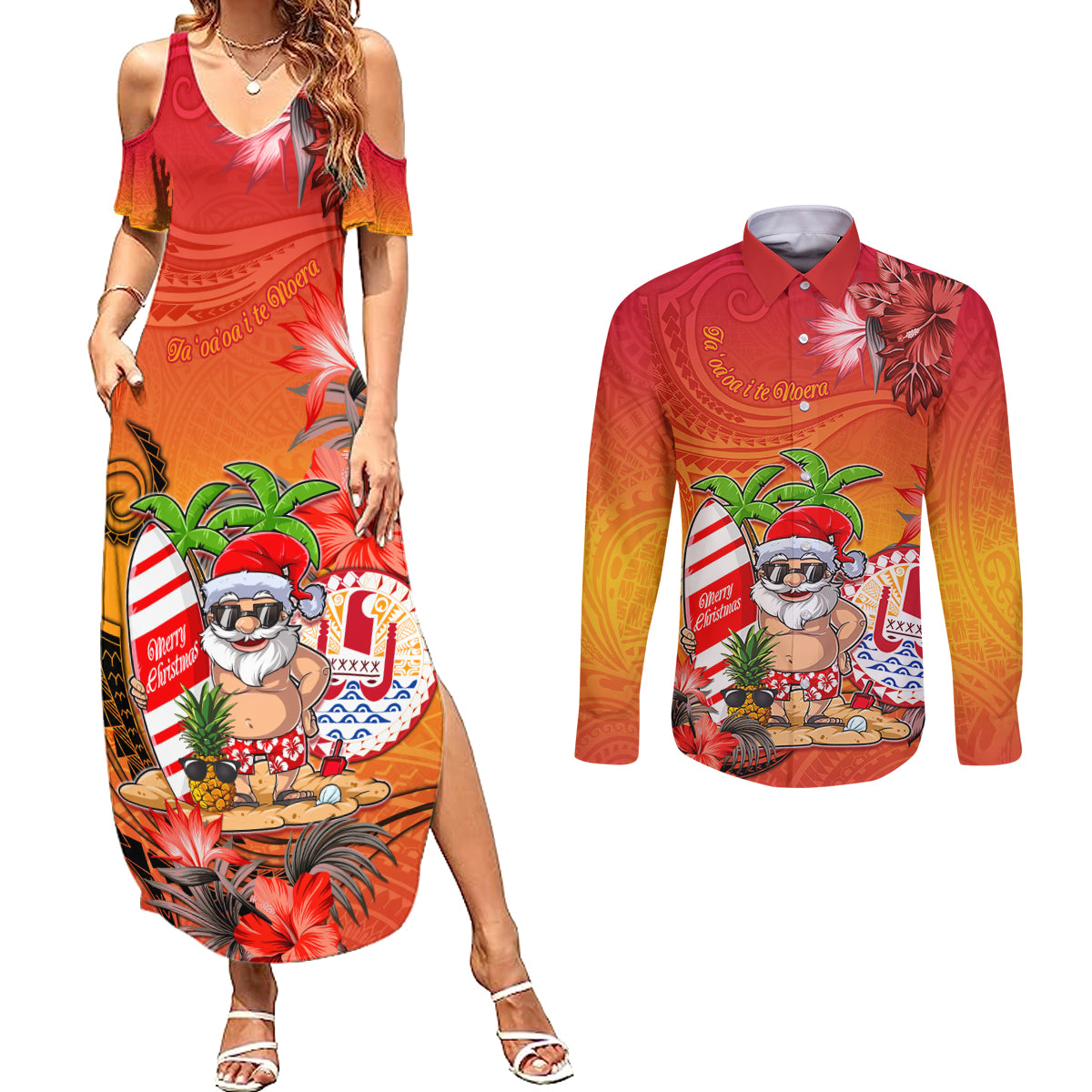 Personalised Wishes in Tahitian Christmas Couples Matching Summer Maxi Dress and Long Sleeve Button Shirt French Polynesia Santa Beach LT9 Red - Polynesian Pride