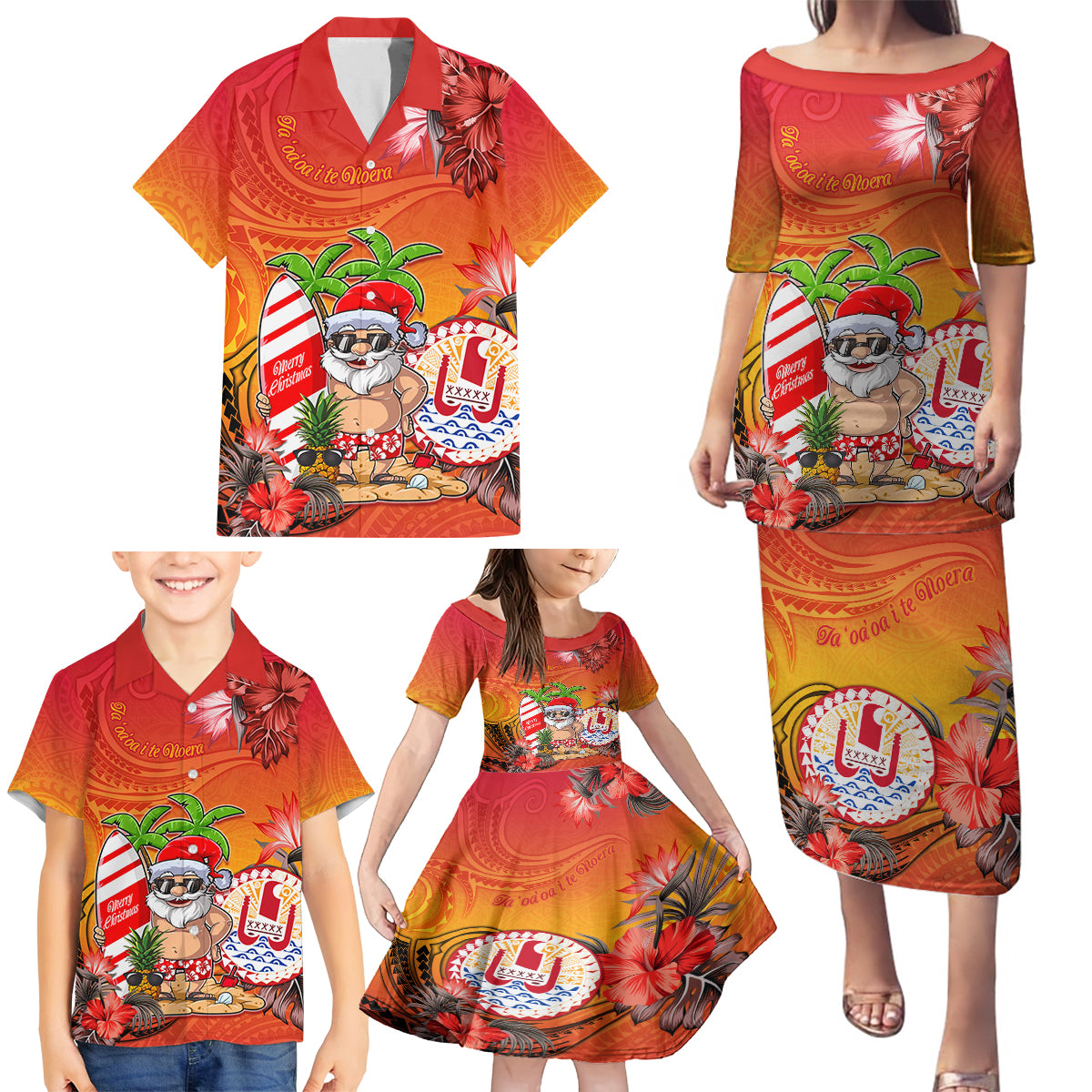 Personalised Wishes in Tahitian Christmas Family Matching Puletasi Dress and Hawaiian Shirt French Polynesia Santa Beach LT9 - Polynesian Pride