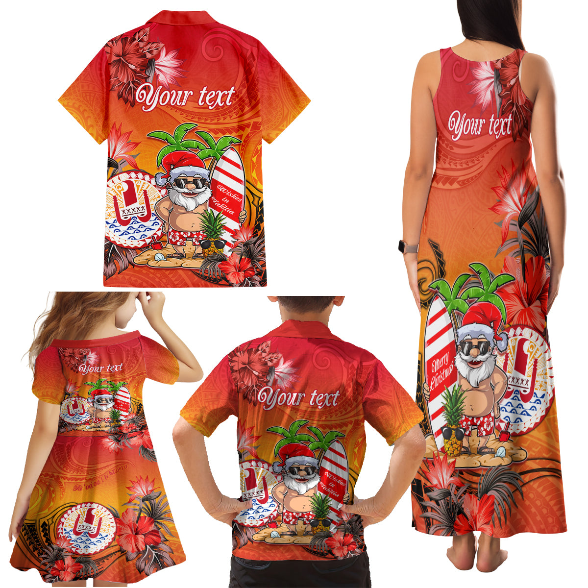 Personalised Wishes in Tahitian Christmas Family Matching Tank Maxi Dress and Hawaiian Shirt French Polynesia Santa Beach LT9 - Polynesian Pride