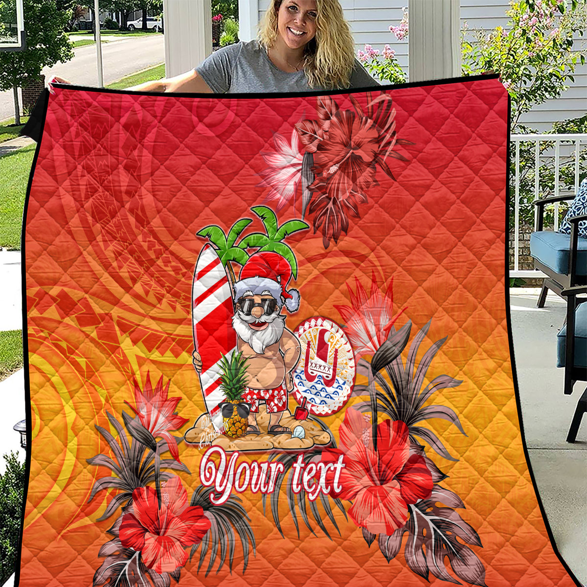 Personalised Wishes in Tahitian Christmas Quilt French Polynesia Santa Beach LT9 Red - Polynesian Pride