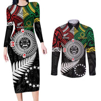 Aotearoa and Cook Islands Mo Te Tiriti Couples Matching Long Sleeve Bodycon Dress and Long Sleeve Button Shirt New Zealand Honour The Treaty Ake!Ake!Ake!