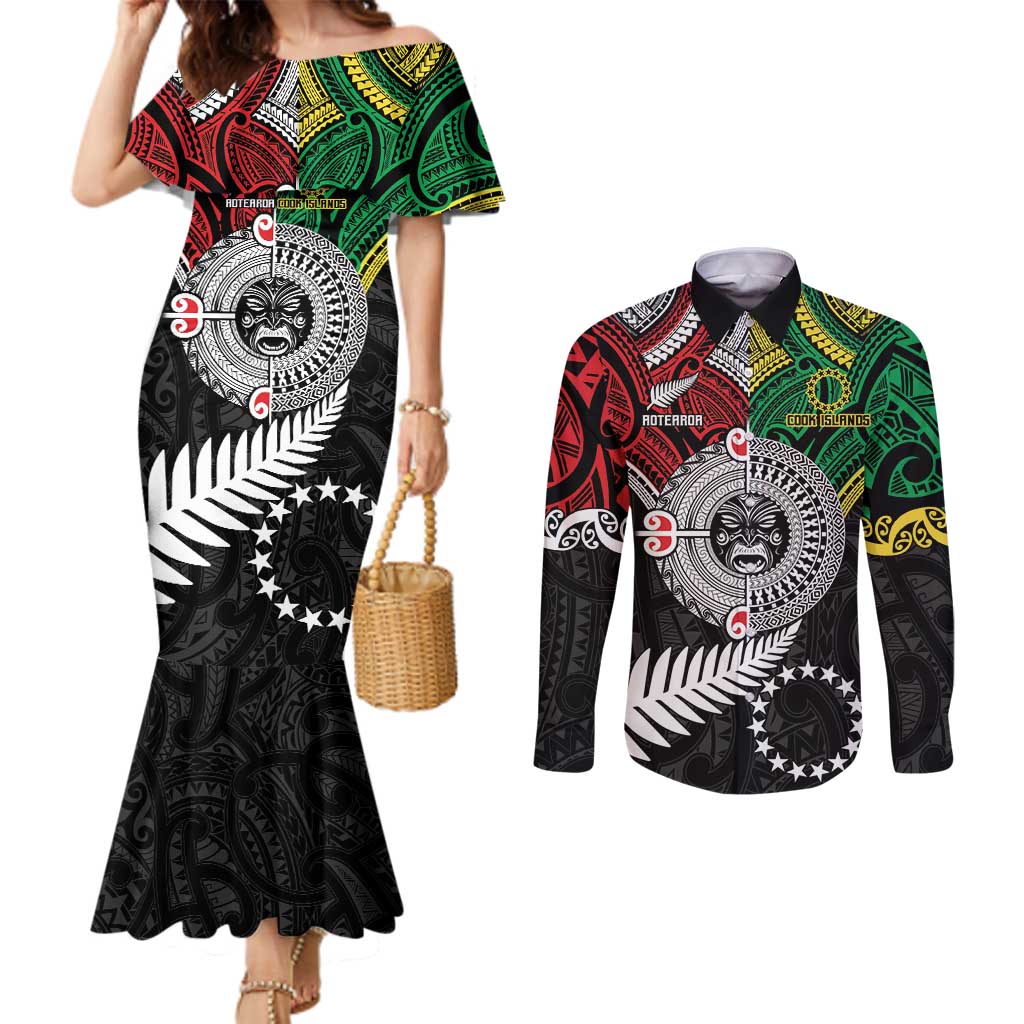 Aotearoa and Cook Islands Mo Te Tiriti Couples Matching Mermaid Dress and Long Sleeve Button Shirt New Zealand Honour The Treaty Ake!Ake!Ake!