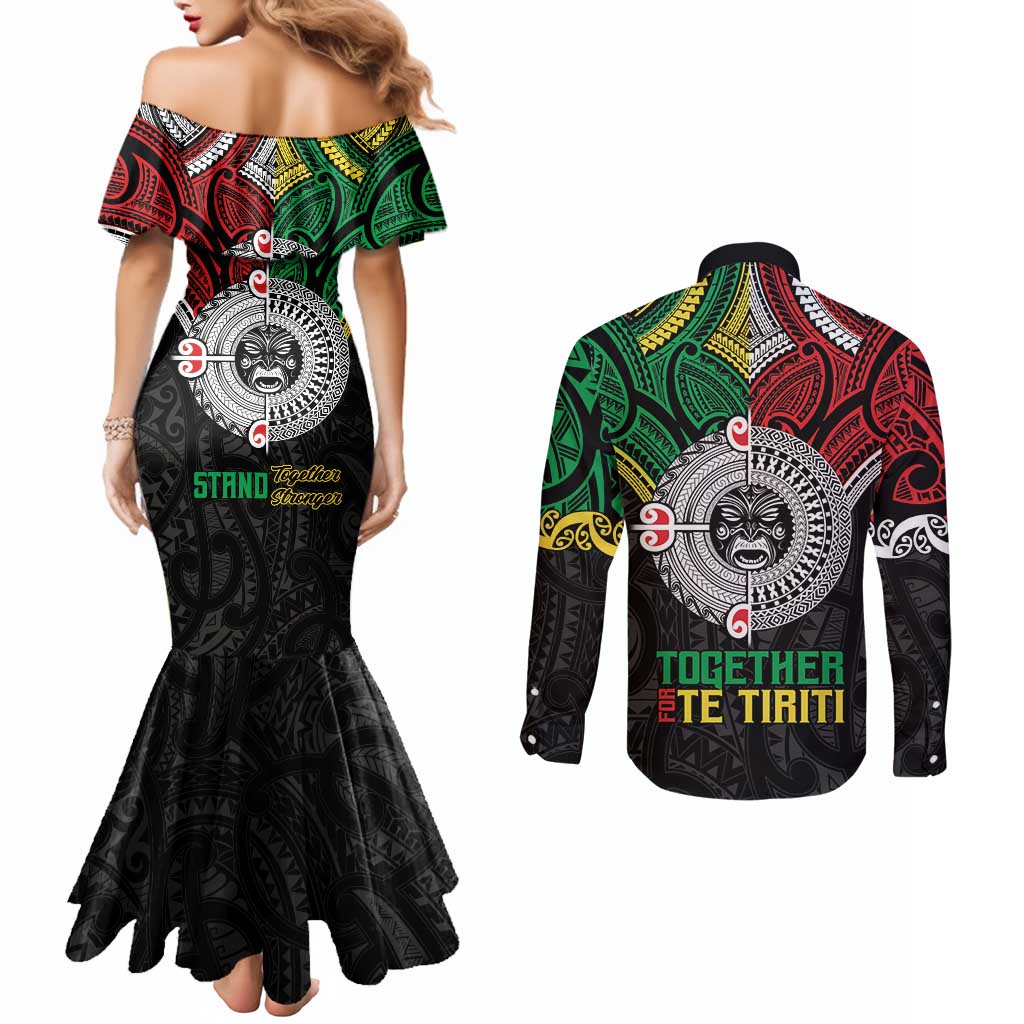 Aotearoa and Cook Islands Mo Te Tiriti Couples Matching Mermaid Dress and Long Sleeve Button Shirt New Zealand Honour The Treaty Ake!Ake!Ake!