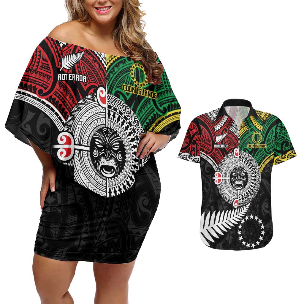 Aotearoa and Cook Islands Mo Te Tiriti Couples Matching Off Shoulder Short Dress and Hawaiian Shirt New Zealand Honour The Treaty Ake!Ake!Ake!