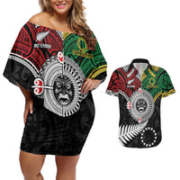 Aotearoa and Cook Islands Mo Te Tiriti Couples Matching Off Shoulder Short Dress and Hawaiian Shirt New Zealand Honour The Treaty Ake!Ake!Ake!