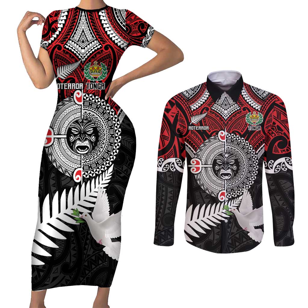 Aotearoa and Tonga Mo Te Tiriti Couples Matching Short Sleeve Bodycon Dress and Long Sleeve Button Shirt New Zealand Honour The Treaty Ake!Ake!Ake!