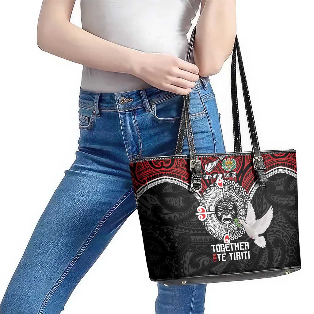 Aotearoa and Tonga Mo Te Tiriti Leather Tote Bag New Zealand Honour The Treaty Ake!Ake!Ake!