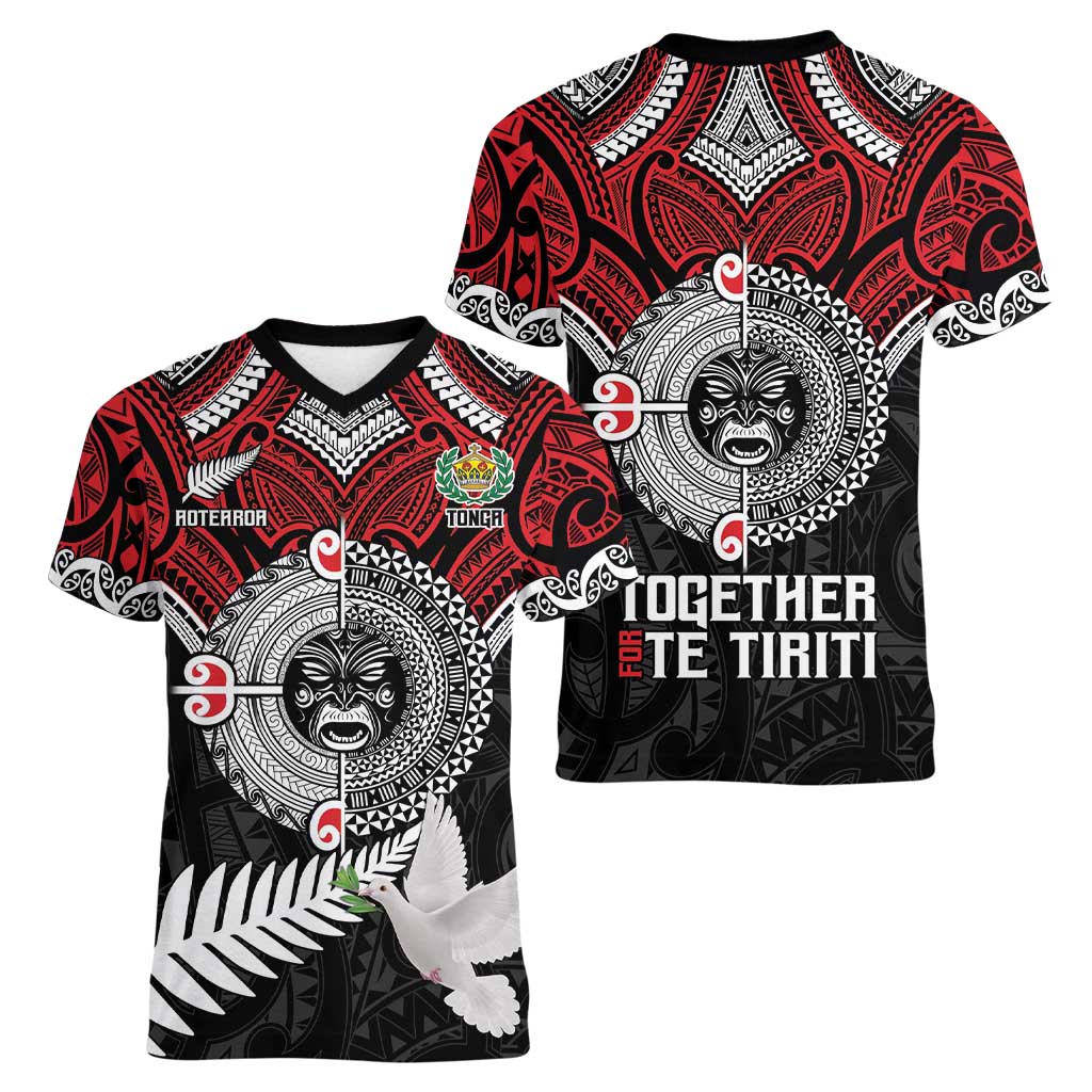 Aotearoa and Tonga Mo Te Tiriti Women V-Neck T-Shirt New Zealand Honour The Treaty Ake!Ake!Ake!
