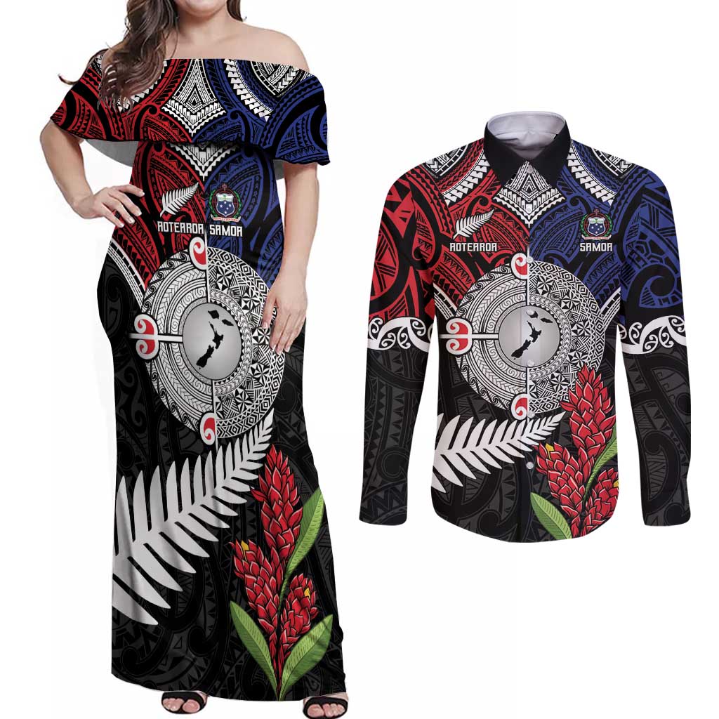 Aotearoa and Samoa Mo Te Tiriti Couples Matching Off Shoulder Maxi Dress and Long Sleeve Button Shirt Tangata Moana Stand with Tangata Whenua LT9 Blue - Polynesian Pride