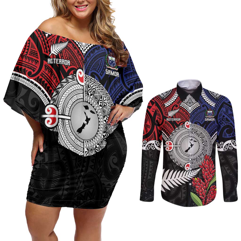 Aotearoa and Samoa Mo Te Tiriti Couples Matching Off Shoulder Short Dress and Long Sleeve Button Shirt Tangata Moana Stand with Tangata Whenua LT9 Blue - Polynesian Pride