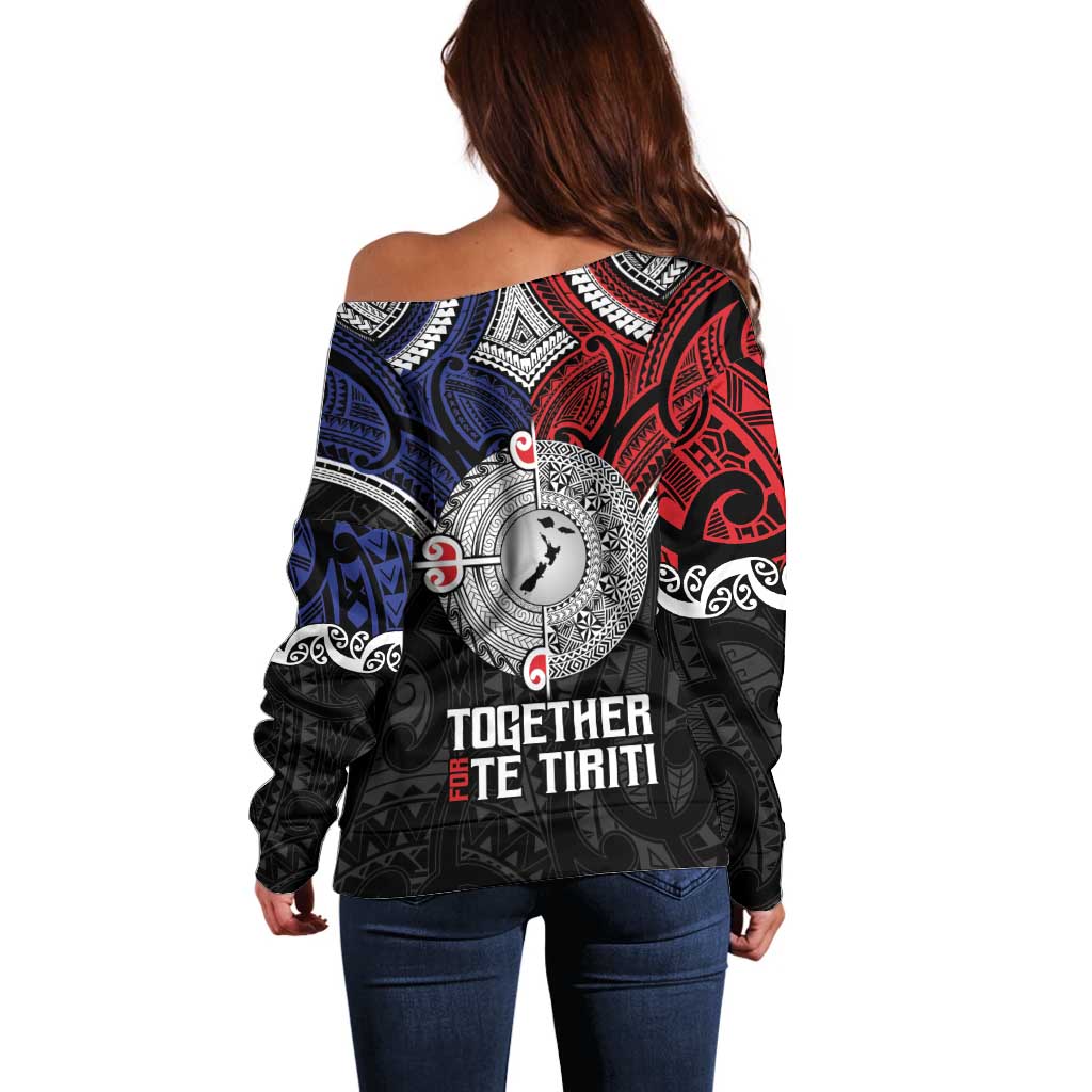 Aotearoa and Samoa Mo Te Tiriti Off Shoulder Sweater Tangata Moana Stand with Tangata Whenua