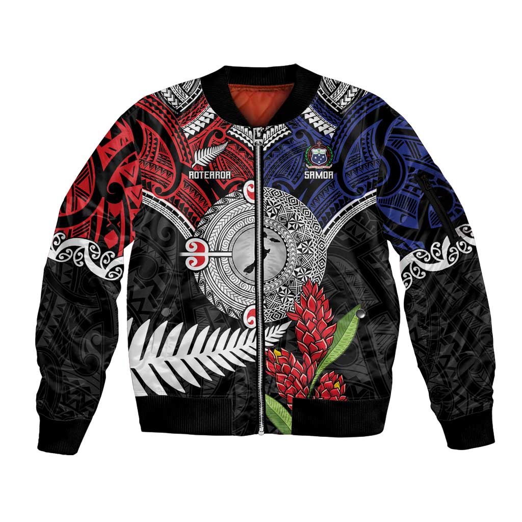 Aotearoa and Samoa Mo Te Tiriti Sleeve Zip Bomber Jacket Tangata Moana Stand with Tangata Whenua LT9 Unisex Blue - Polynesian Pride