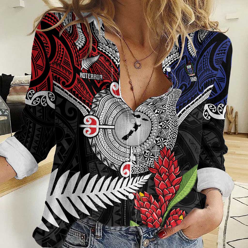 Aotearoa and Samoa Mo Te Tiriti Women Casual Shirt Tangata Moana Stand with Tangata Whenua LT9 Female Blue - Polynesian Pride