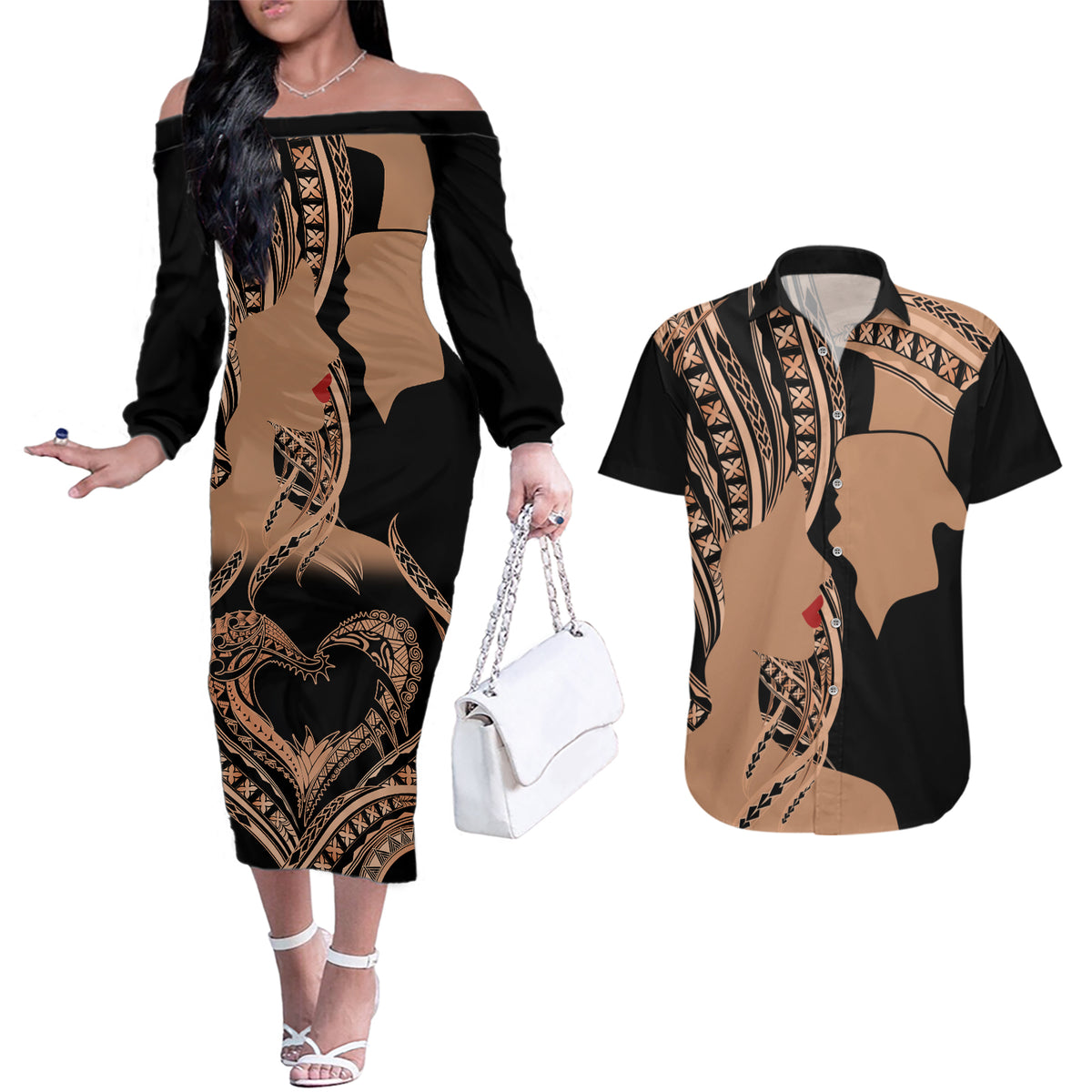 Personalised Valentines Day Romantic Lovers Couples Matching Off The Shoulder Long Sleeve Dress and Hawaiian Shirt LT9 Gold - Polynesian Pride