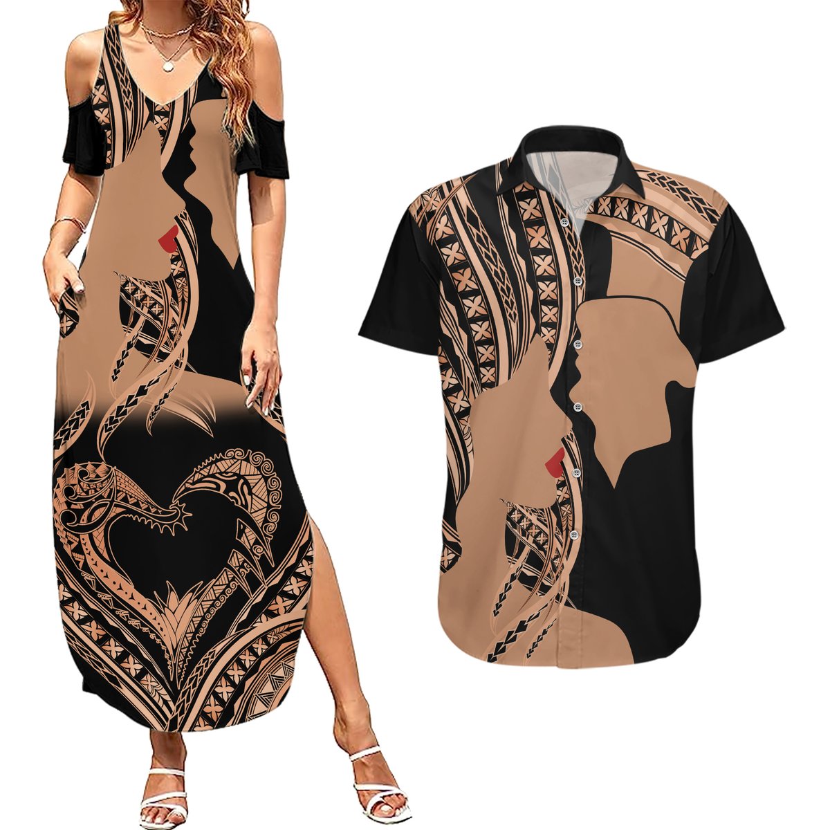 Personalised Valentines Day Romantic Lovers Couples Matching Summer Maxi Dress and Hawaiian Shirt LT9 Gold - Polynesian Pride