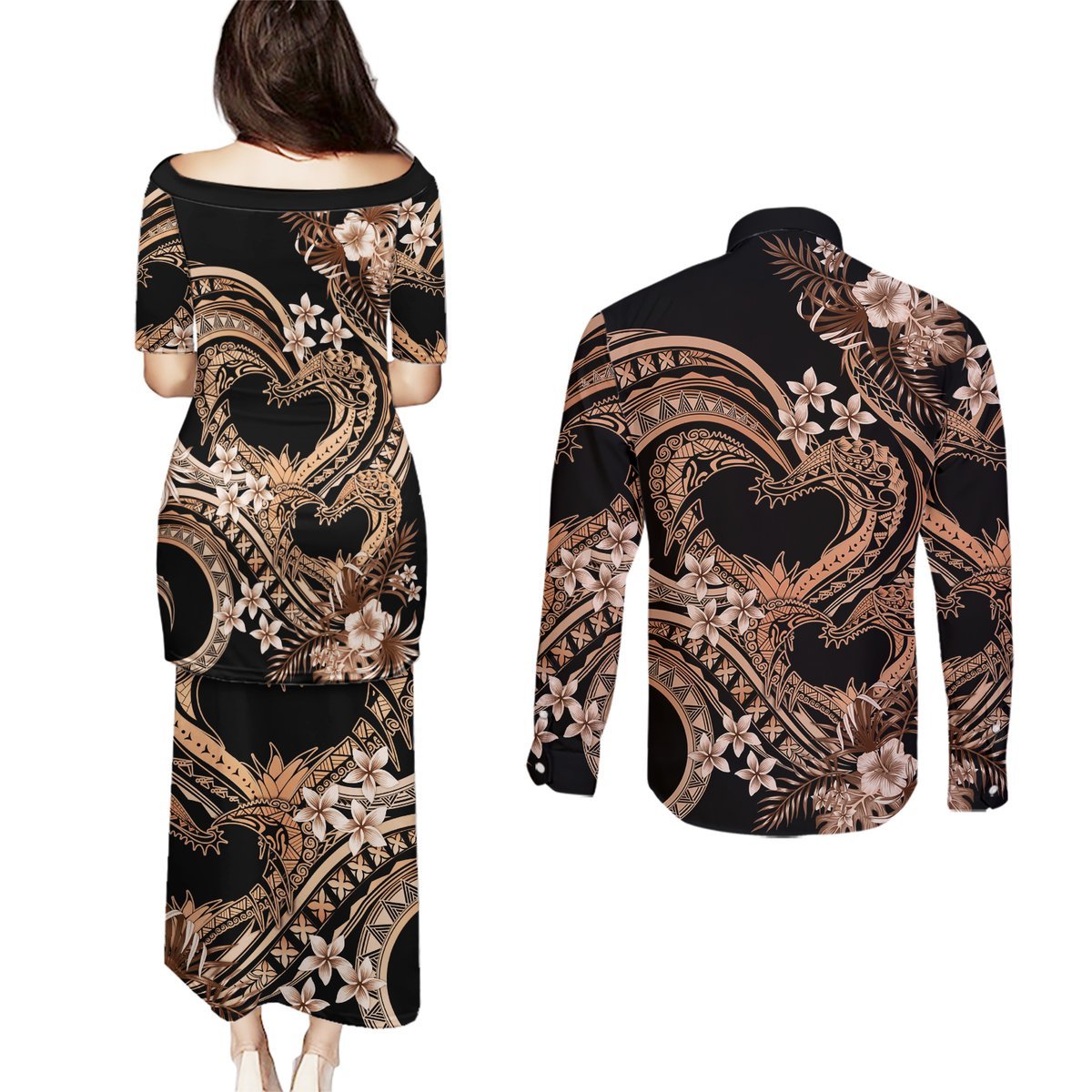 Polynesia Valentines Day Forever In My Heart Tattoo Couples Matching Puletasi and Long Sleeve Button Shirt Gold Style LT9 - Polynesian Pride