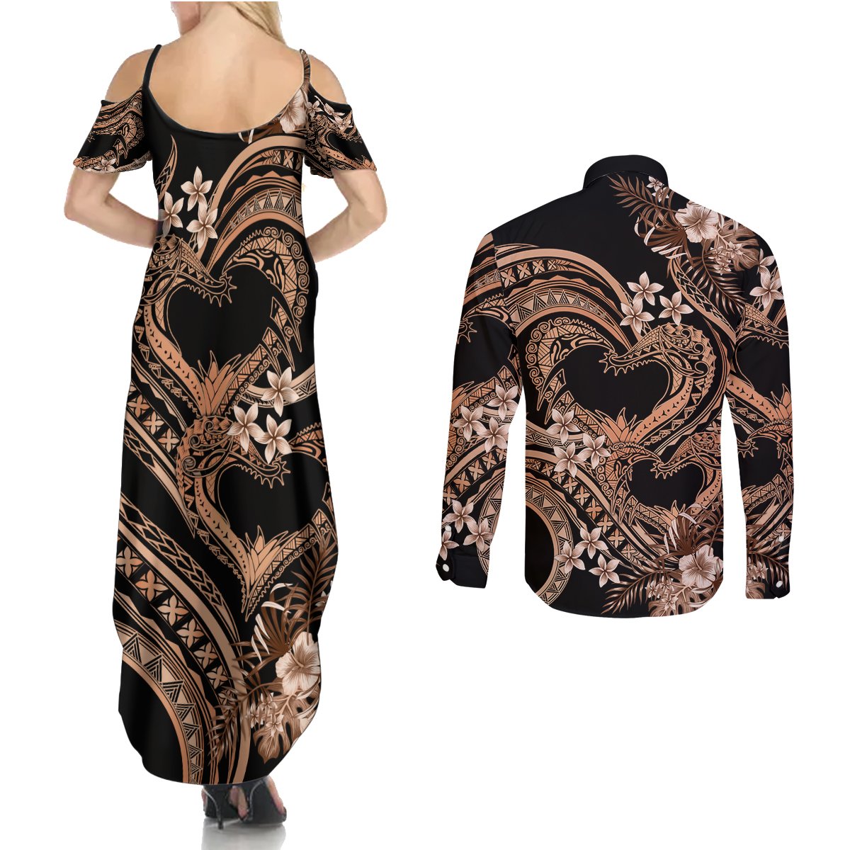 Polynesia Valentines Day Forever In My Heart Tattoo Couples Matching Summer Maxi Dress and Long Sleeve Button Shirt Gold Style LT9 - Polynesian Pride