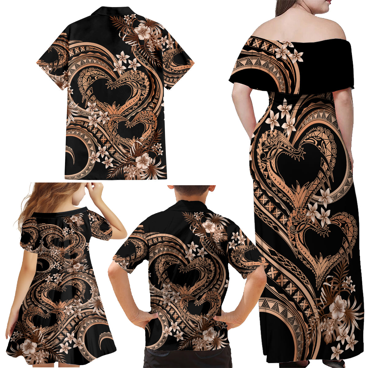 Polynesia Valentines Day Forever In My Heart Tattoo Family Matching Off Shoulder Maxi Dress and Hawaiian Shirt Gold Style LT9 - Polynesian Pride