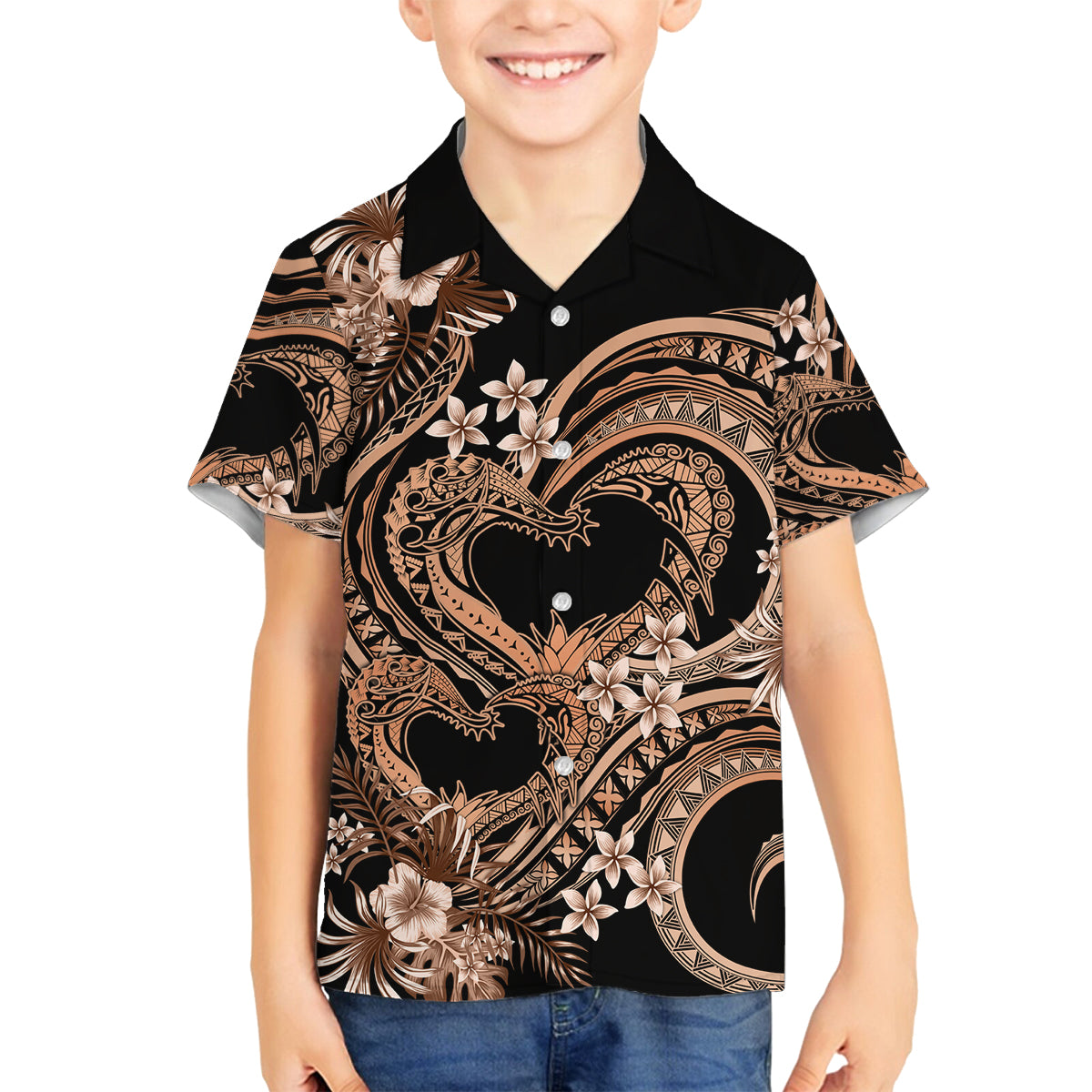 Polynesia Valentines Day Forever In My Heart Tattoo Family Matching Puletasi and Hawaiian Shirt Gold Style LT9 Son's Shirt Gold - Polynesian Pride
