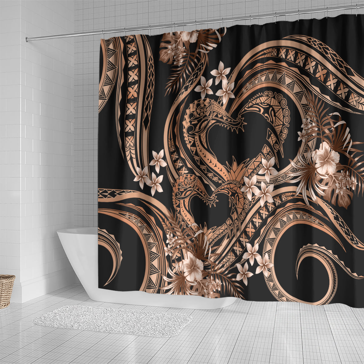 Polynesia Valentines Day Forever In My Heart Tattoo Shower Curtain Gold Style LT9 - Polynesian Pride