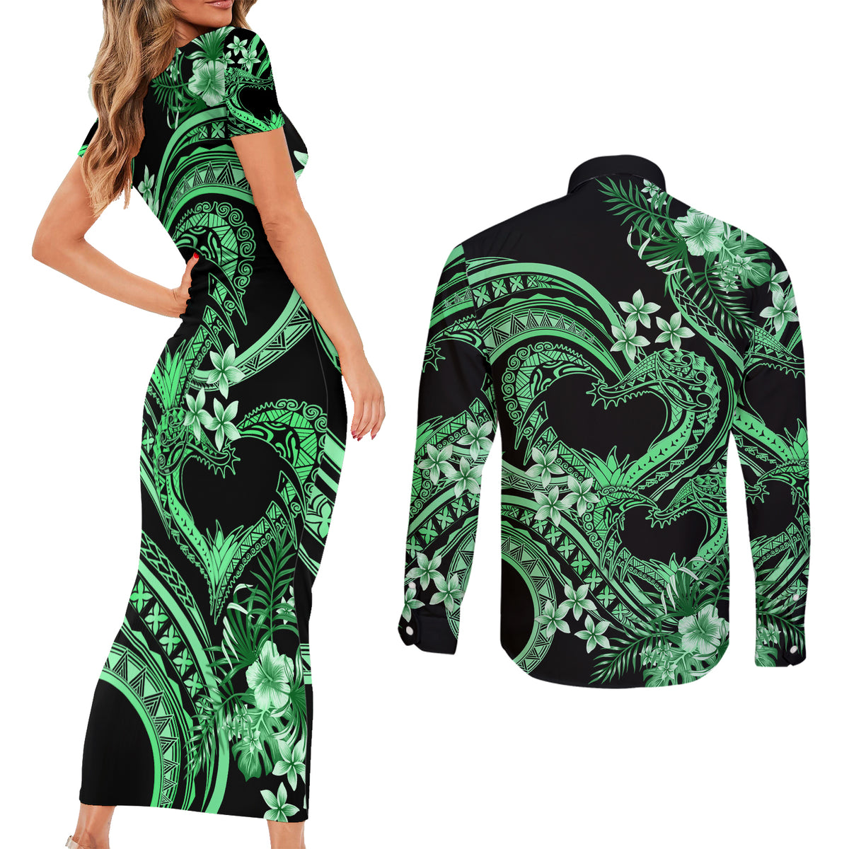 Polynesia Valentines Day Forever In My Heart Tattoo Couples Matching Short Sleeve Bodycon Dress and Long Sleeve Button Shirt Green Style LT9 - Polynesian Pride