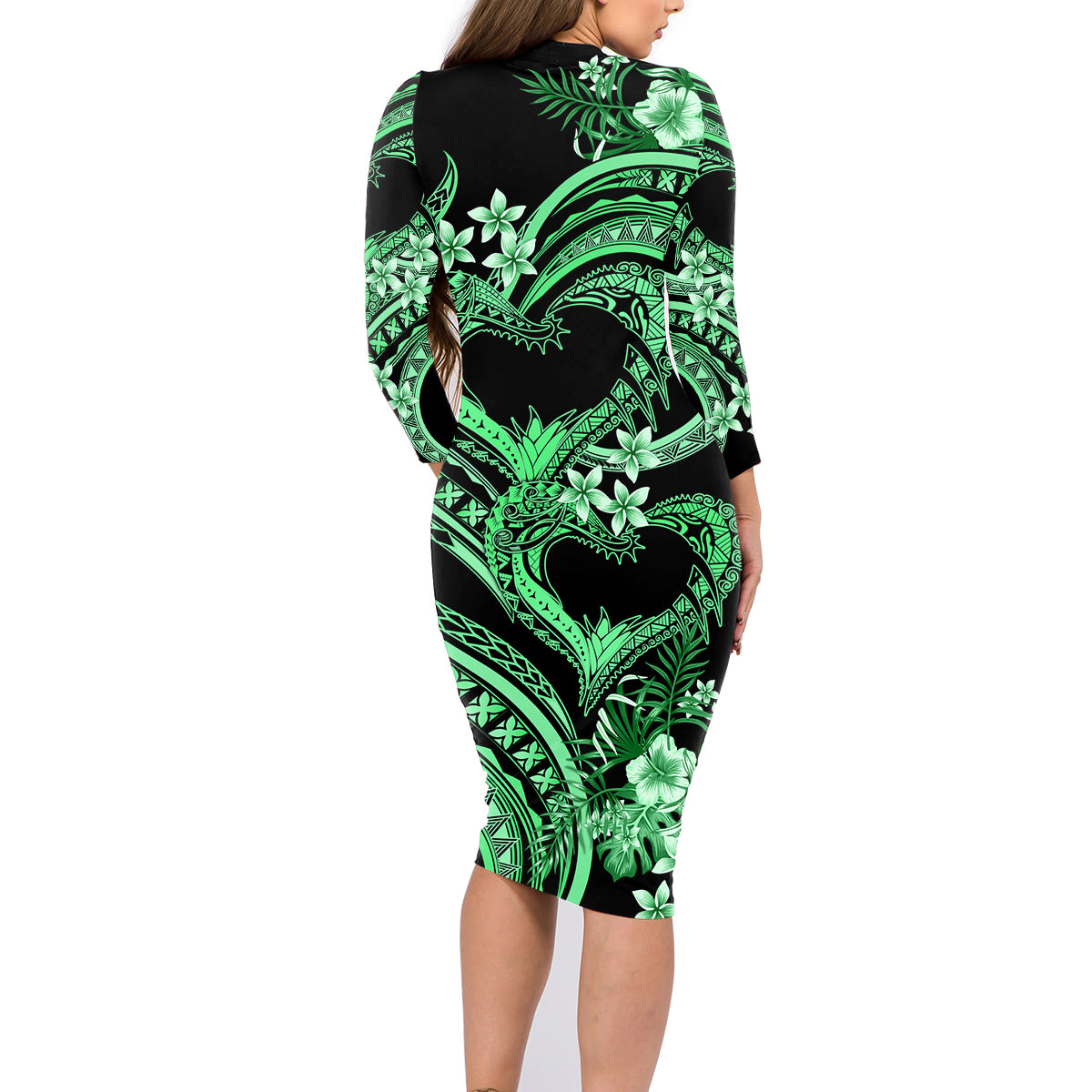 Polynesia Valentines Day Forever In My Heart Tattoo Family Matching Long Sleeve Bodycon Dress and Hawaiian Shirt Green Style LT9 - Polynesian Pride