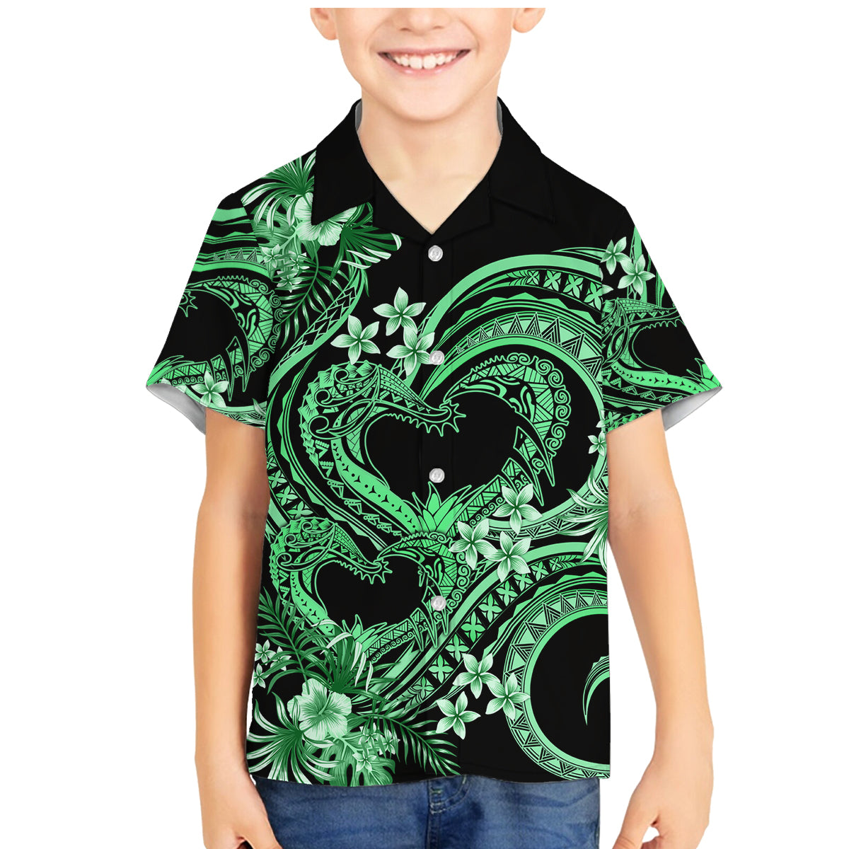 Polynesia Valentines Day Forever In My Heart Tattoo Family Matching Mermaid Dress and Hawaiian Shirt Green Style LT9 Son's Shirt Green - Polynesian Pride