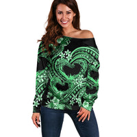 Polynesia Valentines Day Forever In My Heart Tattoo Off Shoulder Sweater Green Style LT9 Women Green - Polynesian Pride