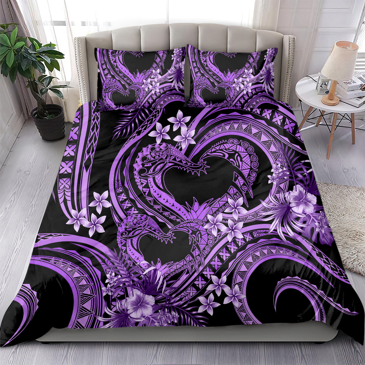 Polynesia Valentines Day Forever In My Heart Tattoo Bedding Set Purple Style LT9 - Polynesian Pride