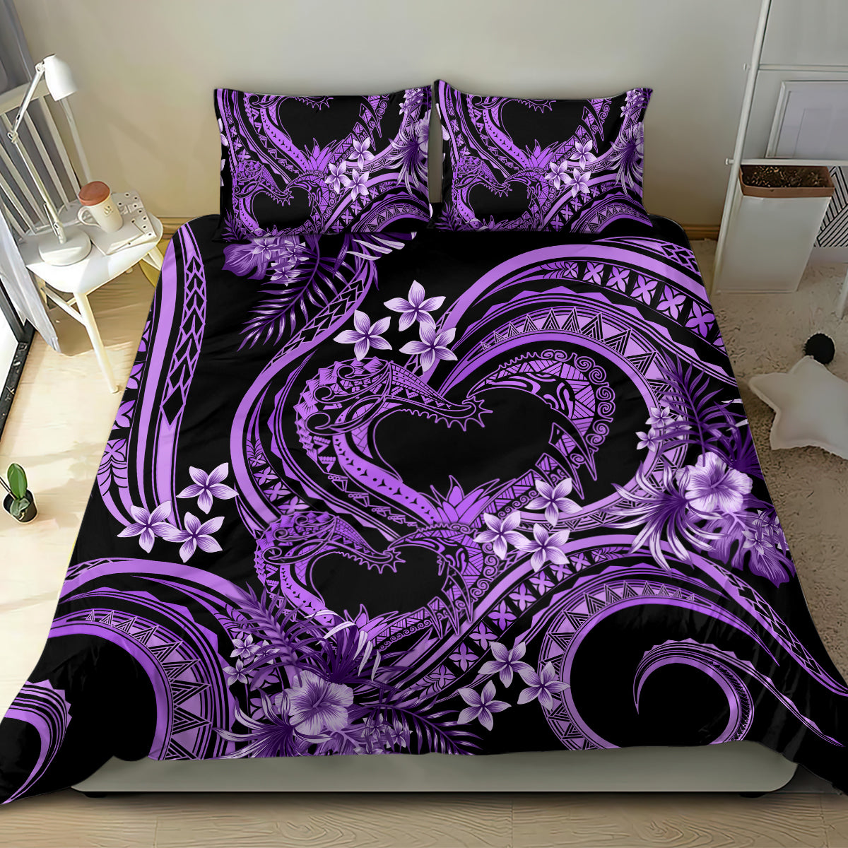 Polynesia Valentines Day Forever In My Heart Tattoo Bedding Set Purple Style LT9 - Polynesian Pride