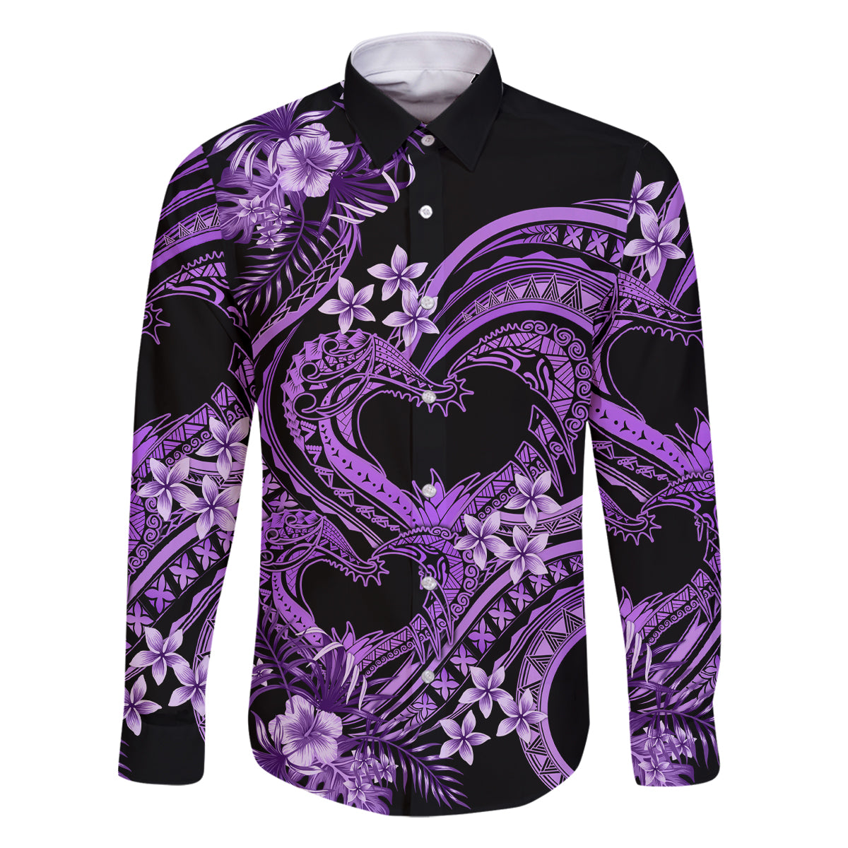 Polynesia Valentines Day Forever In My Heart Tattoo Family Matching Long Sleeve Bodycon Dress and Hawaiian Shirt Purple Style LT9 Dad's Shirt - Long Sleeve Purple - Polynesian Pride
