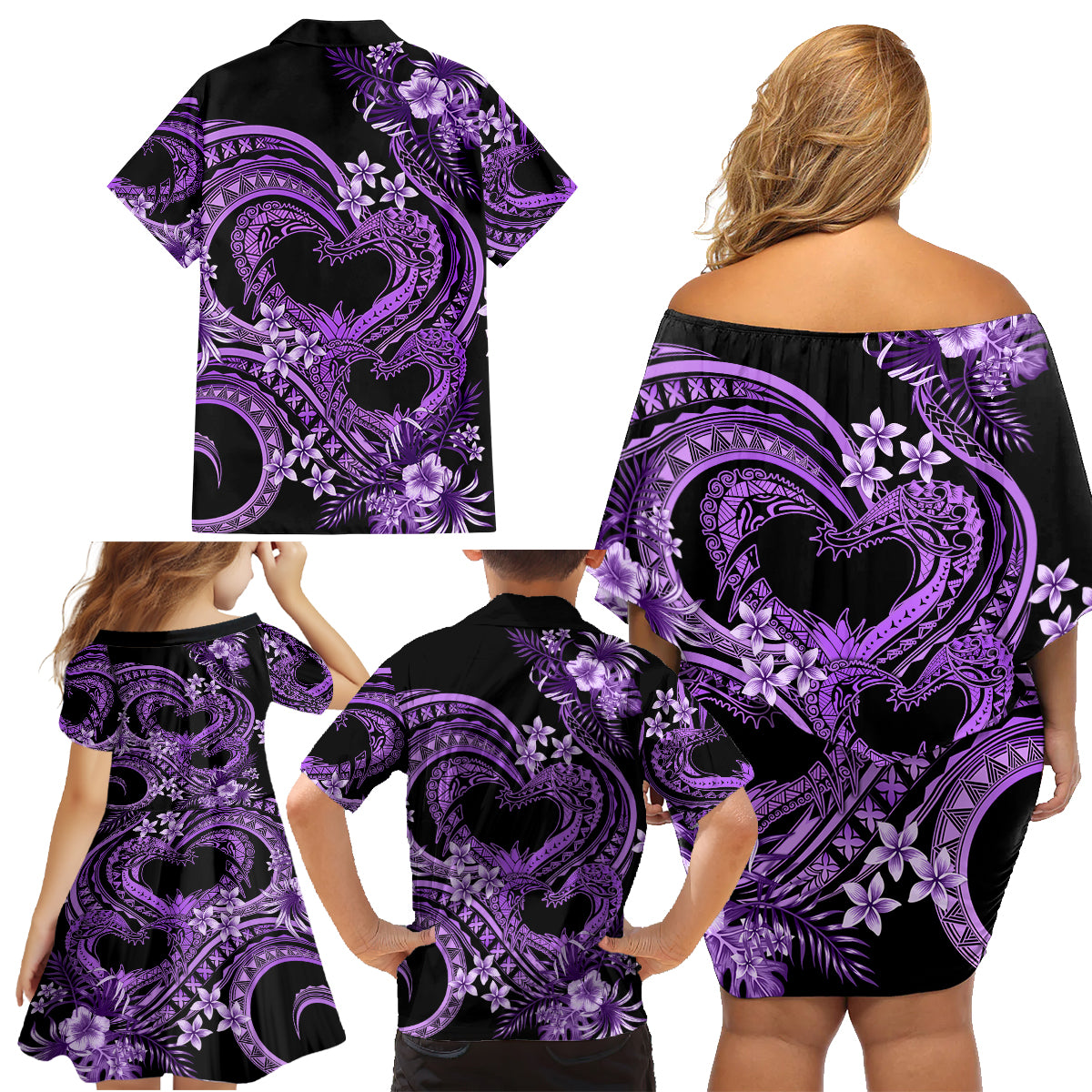 Polynesia Valentines Day Forever In My Heart Tattoo Family Matching Off Shoulder Short Dress and Hawaiian Shirt Purple Style LT9 - Polynesian Pride
